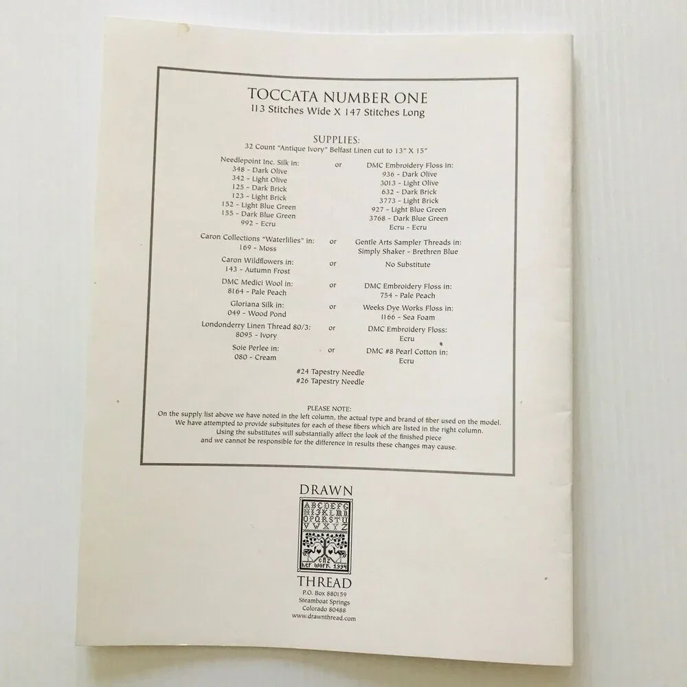 The Drawn Thread Charted Needlework Cross Stich Pattern Booklet Toccata #1